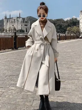 Woman's Ecru White Wrap Overcoat with Lapel and Belt - Classic Winter Outerwear