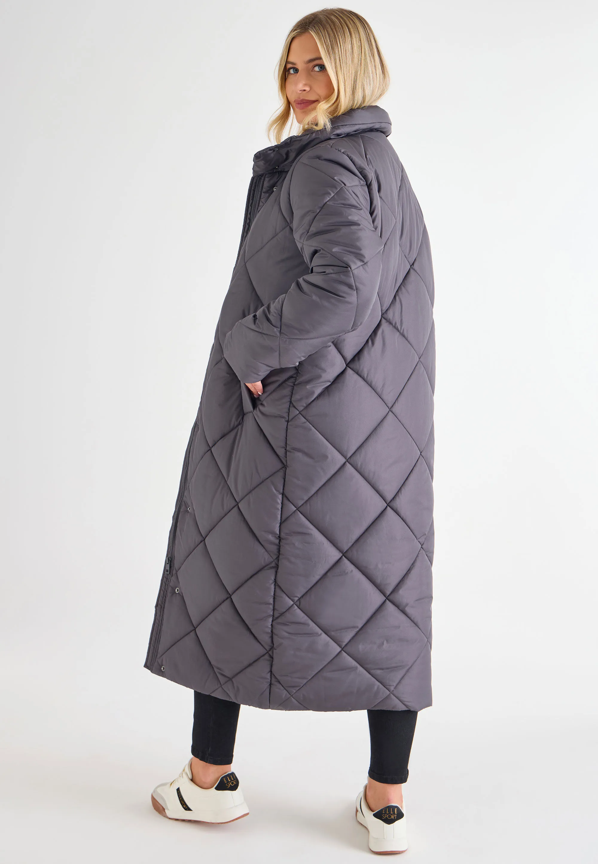 Grey Diamond Quilted Long Coat for Women