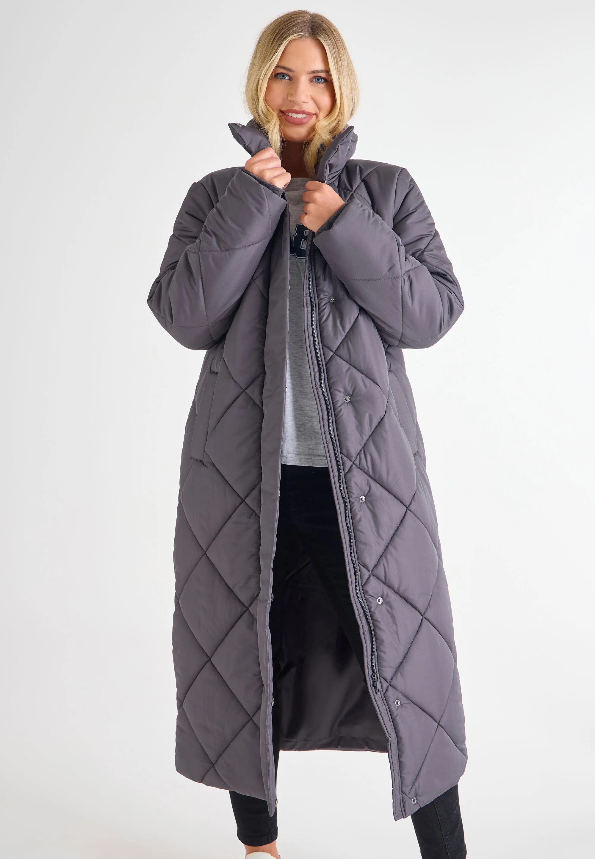 Grey Diamond Quilted Long Coat for Women