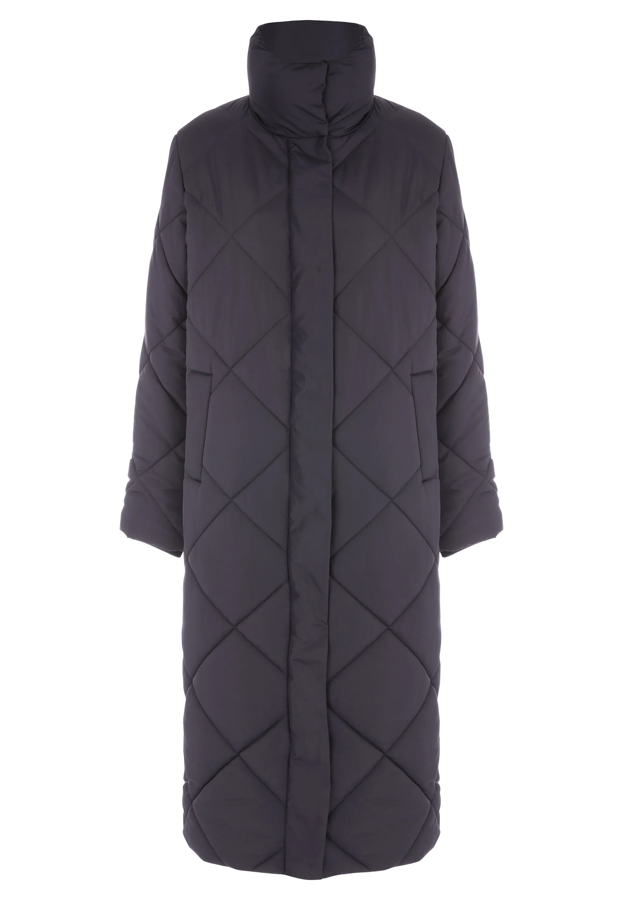 Grey Diamond Quilted Long Coat for Women