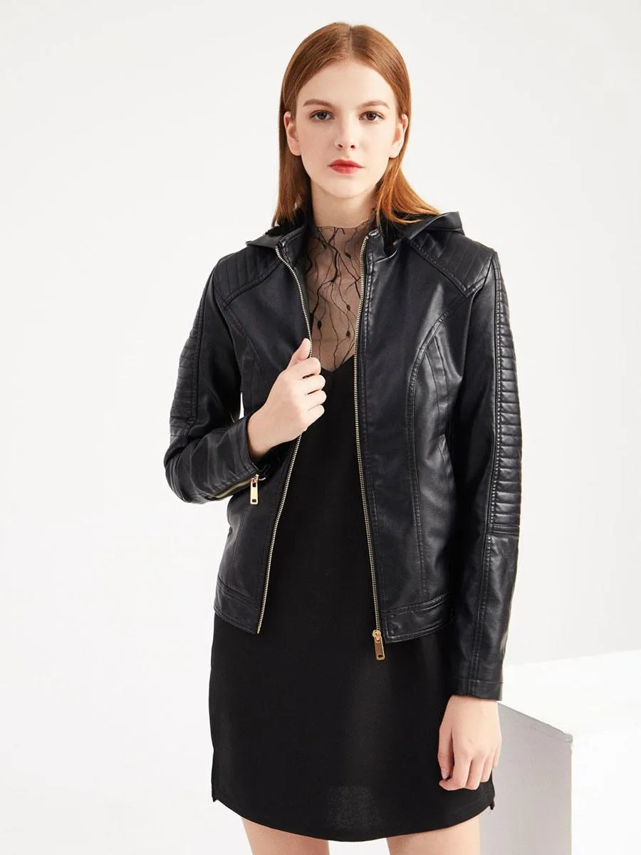 Women's Hooded PU Leather Moto Jacket - Spring 2024 Outerwear