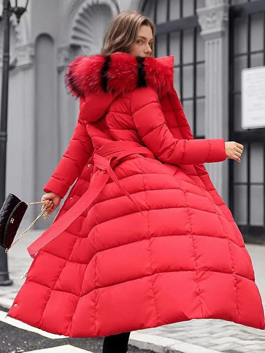 Women's Winter Coat with Removable Faux Fur Collar and Hood, Belted, Full Length.