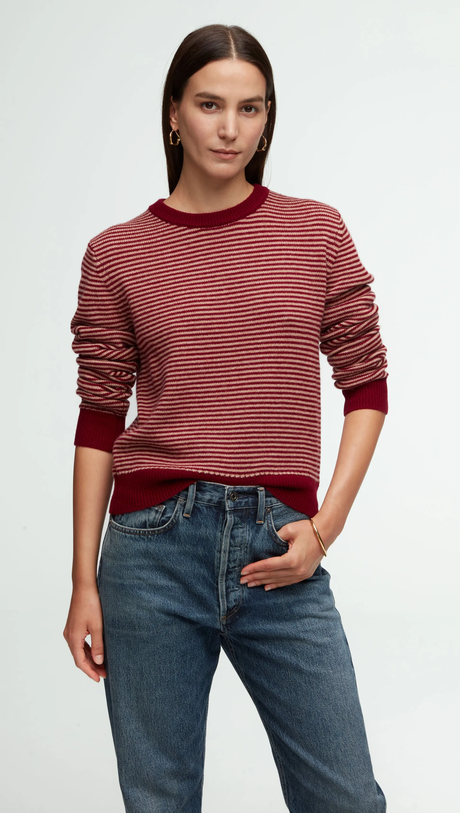 Wool Cashmere Striped Crewneck Sweater.